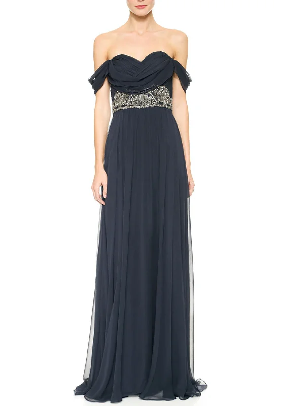 Ruffled Women Dress with Multiple Layers for a Playful and Girly StyleDark Navy Off Shoulder Embellished Waist Gown