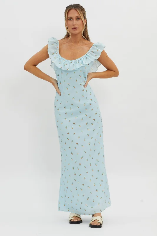 Long - Sleeve Women Dress in Velvet for a Luxurious Winter LookMerci Beaucoup Frill Neckline Maxi Dress Blue Long - Sleeve Women Dress in Velvet for a Luxurious Winter LookMerci Beaucoup Frill Neckline Maxi Dress Blue