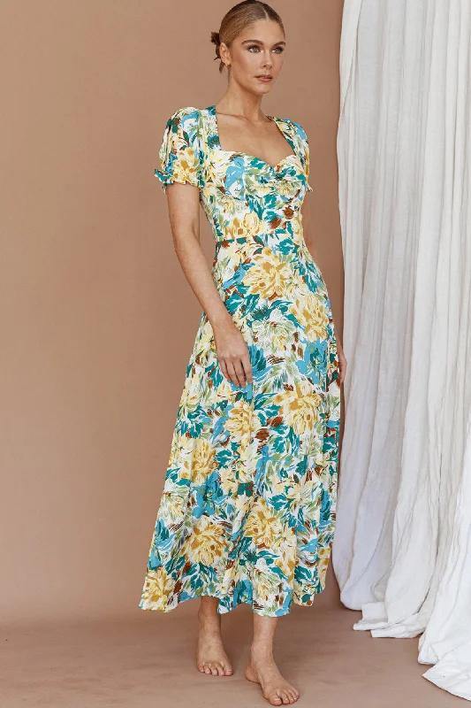 Ruffled Women Dress with Multiple Layers for a Playful and Girly StyleMontebello Puff Sleeve Maxi Dress Floral Blue/Yellow Ruffled Women Dress with Multiple Layers for a Playful and Girly StyleMontebello Puff Sleeve Maxi Dress Floral Blue/Yellow