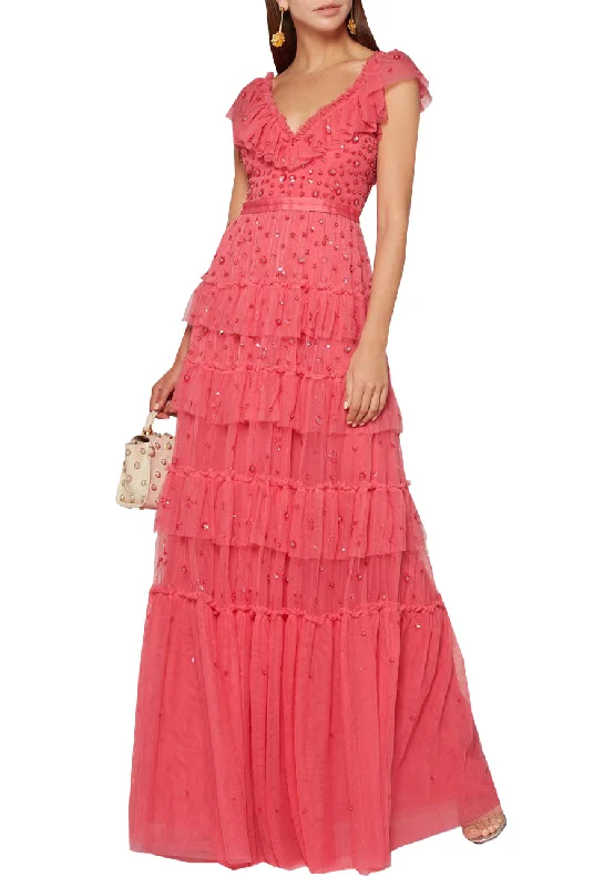 Sleeveless Women Dress in Bright Colors for Summer PartiesCoral Red Sunburst Plunging Neck Tiered Embellished Tulle Gown Sleeveless Women Dress in Bright Colors for Summer PartiesCoral Red Sunburst Plunging Neck Tiered Embellished Tulle Gown
