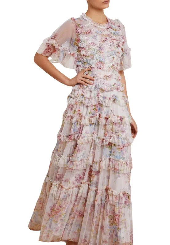 Plus Size Women Dress with a Flattering A - Line Cut for Comfort and StyleFloral Wonder Printed Ruffle Gown