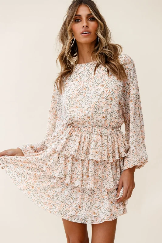 Off - the - Shoulder Women Dress for a Romantic and Feminine LookOdessa Long Sleeve Layered Ruffle Dress Floral Print Nude Off - the - Shoulder Women Dress for a Romantic and Feminine LookOdessa Long Sleeve Layered Ruffle Dress Floral Print Nude