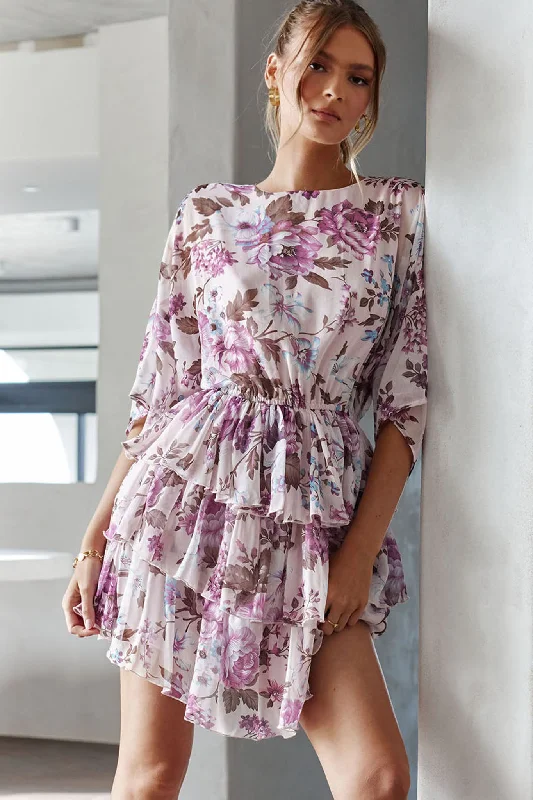 Plus Size Women Dress with a Flattering A - Line Cut for Comfort and StyleOdessa Long Sleeve Layered Ruffle Dress Rose Print Beige Plus Size Women Dress with a Flattering A - Line Cut for Comfort and StyleOdessa Long Sleeve Layered Ruffle Dress Rose Print Beige