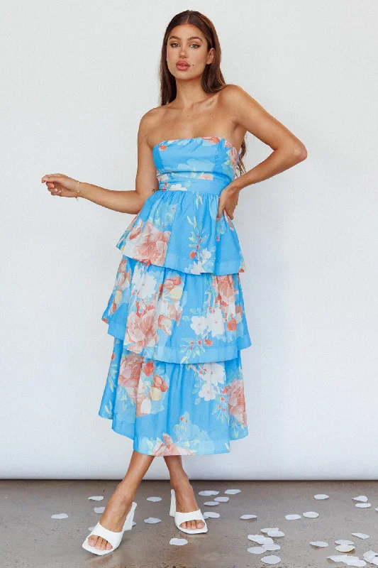 Sleeveless Women Dress in Bright Colors for Summer PartiesOutshine Strapless Tiered Midi Dress Floral Blue Sleeveless Women Dress in Bright Colors for Summer PartiesOutshine Strapless Tiered Midi Dress Floral Blue