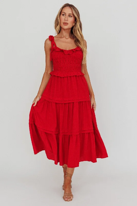 Backless Women Dress for a Sexy and Alluring Look at Evening EventsPaprika Tied Shoulder Shirred Midi Dress Red Backless Women Dress for a Sexy and Alluring Look at Evening EventsPaprika Tied Shoulder Shirred Midi Dress Red