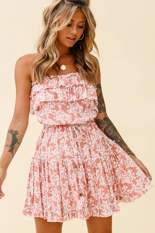 Strapless Women Dress with a Built - in Bra for Comfort and SupportRaquel Strapless Layered Dress Floral Print Blush Strapless Women Dress with a Built - in Bra for Comfort and SupportRaquel Strapless Layered Dress Floral Print Blush