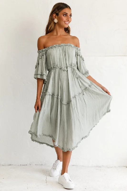 Long - Sleeve Women Dress in Velvet for a Luxurious Winter LookRenoir Off-Shoulder Frill Trim Midi Dress Olive Long - Sleeve Women Dress in Velvet for a Luxurious Winter LookRenoir Off-Shoulder Frill Trim Midi Dress Olive