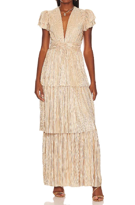 Lace - Embellished Women Dress for an Elegant and Sophisticated AppearanceChampagne Gold Maze Tiered Maxi Dress Lace - Embellished Women Dress for an Elegant and Sophisticated AppearanceChampagne Gold Maze Tiered Maxi Dress