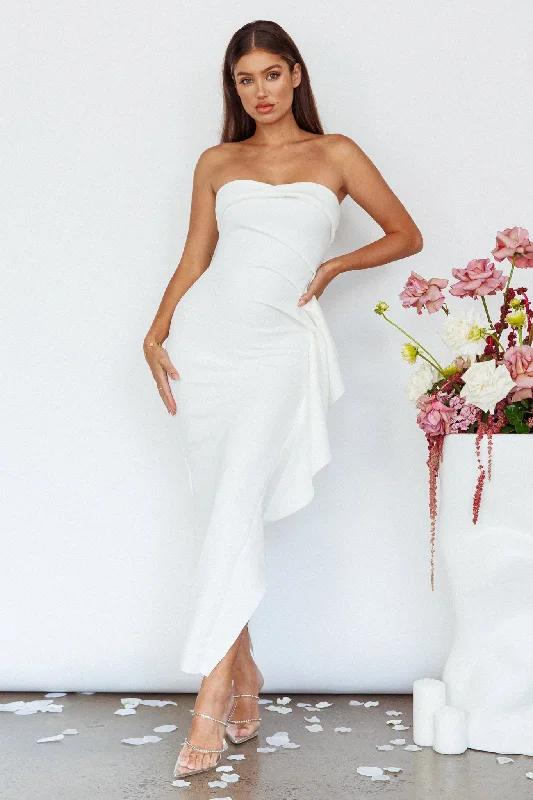 Plus Size Women Dress with a Flattering A - Line Cut for Comfort and StyleSasha Cascade Ruffle Midi Dress White Plus Size Women Dress with a Flattering A - Line Cut for Comfort and StyleSasha Cascade Ruffle Midi Dress White