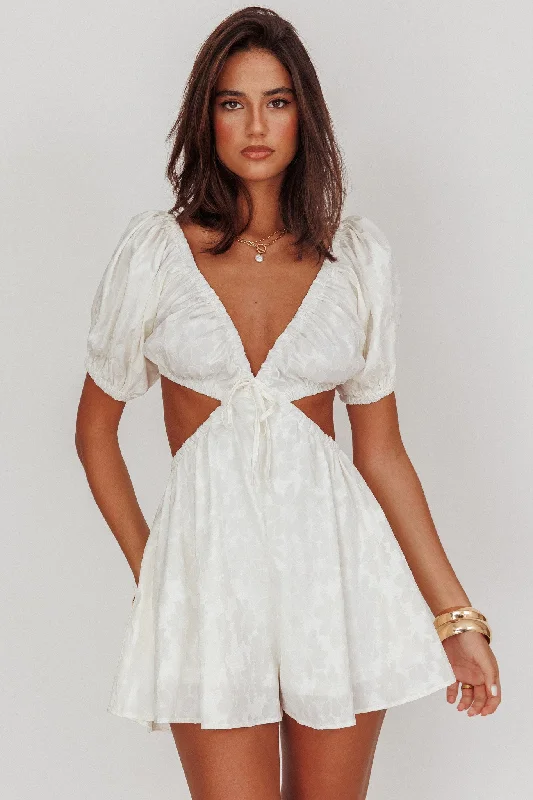 Long - Sleeve Women Dress in Velvet for a Luxurious Winter LookSee The Light Puff Sleeves Romper Ivory Long - Sleeve Women Dress in Velvet for a Luxurious Winter LookSee The Light Puff Sleeves Romper Ivory