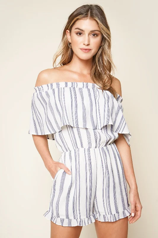 Women jumpsuits with a ruched bodice for a more feminine and form - fitting appearanceSee You Later Striped Off The Shoulder Romper Women jumpsuits with a ruched bodice for a more feminine and form - fitting appearanceSee You Later Striped Off The Shoulder Romper