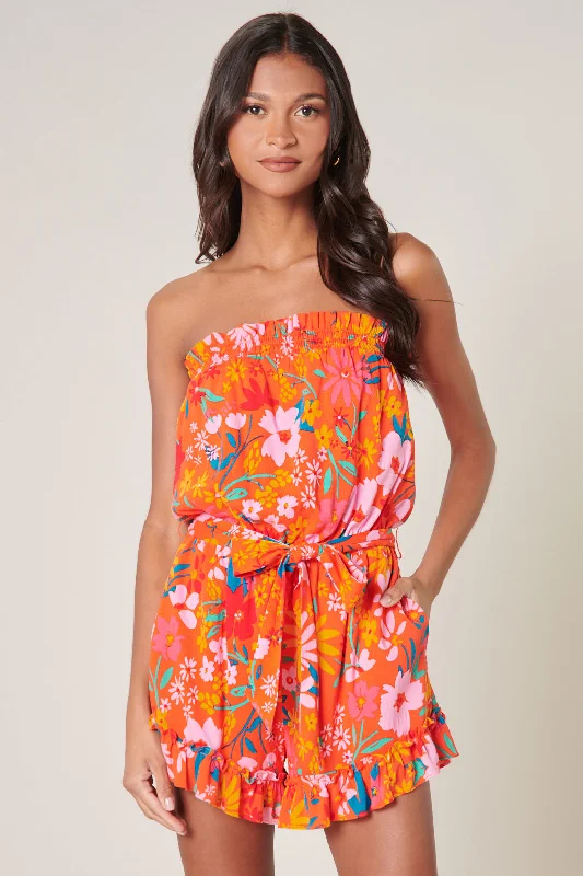 Women jumpsuits with beaded embellishments for a formal and fancy eventSoutherland Floral Frilly Strapless Romper
