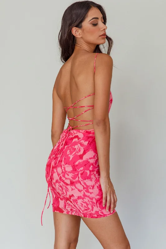 Printed Abstract Women Dress for a Modern and Artistic AppealSpring Fever Lace-Up Back Mini Dress Floral Pink Printed Abstract Women Dress for a Modern and Artistic AppealSpring Fever Lace-Up Back Mini Dress Floral Pink