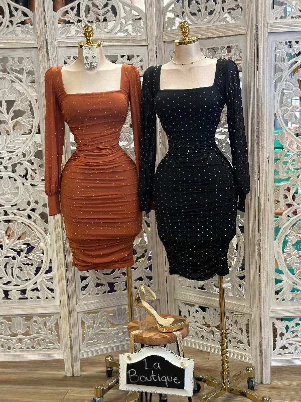 Mini Women Dress with a Short Hem for a Young and Trendy StyleSquare Neck Rhinestone Mini Dress- Stretchy,Estira
