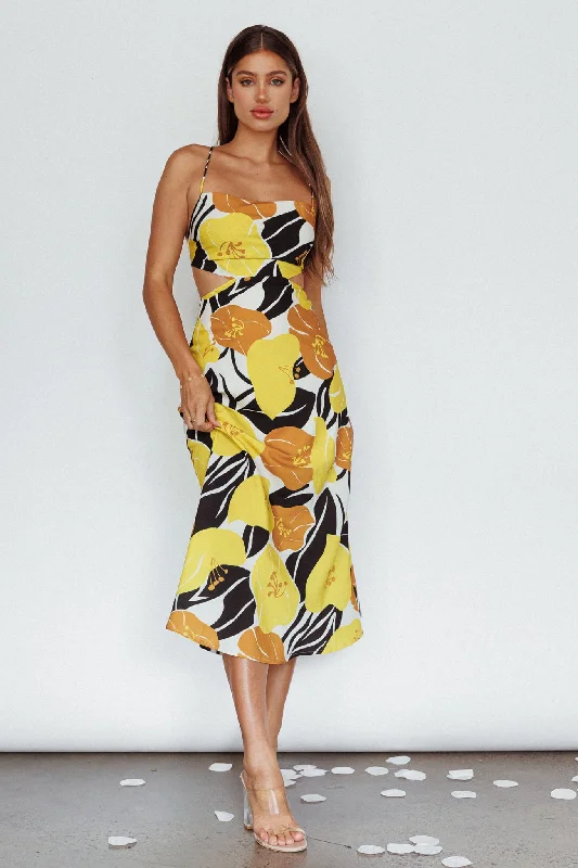Wrap - Style Women Dress with Adjustable Fit for All Body TypesSunday Bliss Tie-Up Back Cowl Neck Midi Dress Flower Yellow