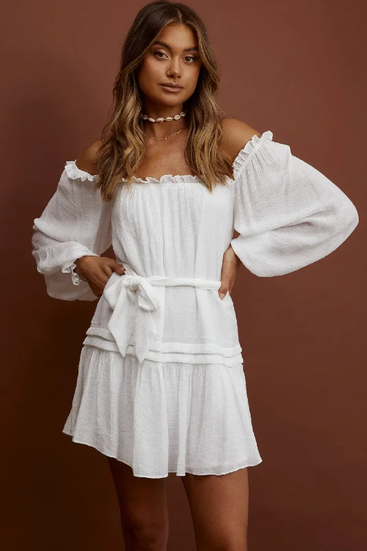 Printed Abstract Women Dress for a Modern and Artistic AppealSycamore Off- Shoulder Pintuck Dress White Printed Abstract Women Dress for a Modern and Artistic AppealSycamore Off- Shoulder Pintuck Dress White