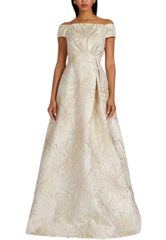 Halter Neck Women Dress to Show Off the Shoulders and NecklineChampagne Gold Metallic Jacquard Off Shoulder Gown Halter Neck Women Dress to Show Off the Shoulders and NecklineChampagne Gold Metallic Jacquard Off Shoulder Gown