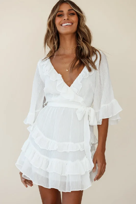 Sleeveless Women Dress in Bright Colors for Summer PartiesTime Will Tell Angel Sleeve Frill Detail Dress White