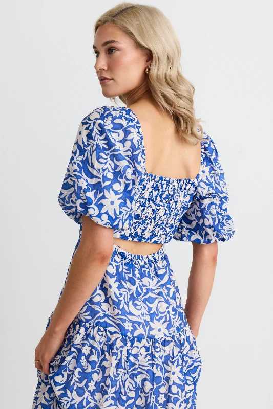 Mermaid - Style Women Dress with a Fitted Silhouette for Special OccasionsTranquillity Blue Batik SS Cut Out Tiered Midi Dress Mermaid - Style Women Dress with a Fitted Silhouette for Special OccasionsTranquillity Blue Batik SS Cut Out Tiered Midi Dress