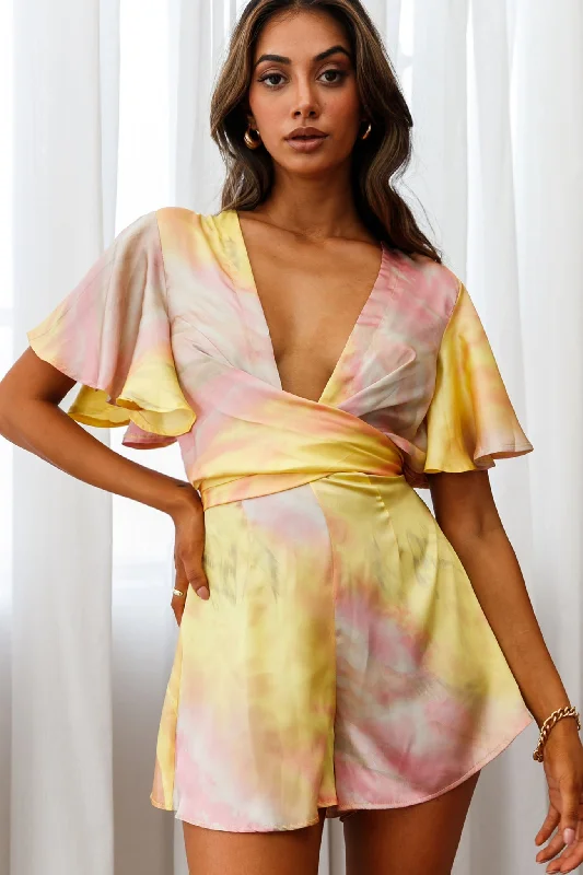 Wrap - Style Women Dress with Adjustable Fit for All Body TypesUnconditional Plunging Wrap Style Romper Marbled Tie Dye Pink/Yellow Wrap - Style Women Dress with Adjustable Fit for All Body TypesUnconditional Plunging Wrap Style Romper Marbled Tie Dye Pink/Yellow