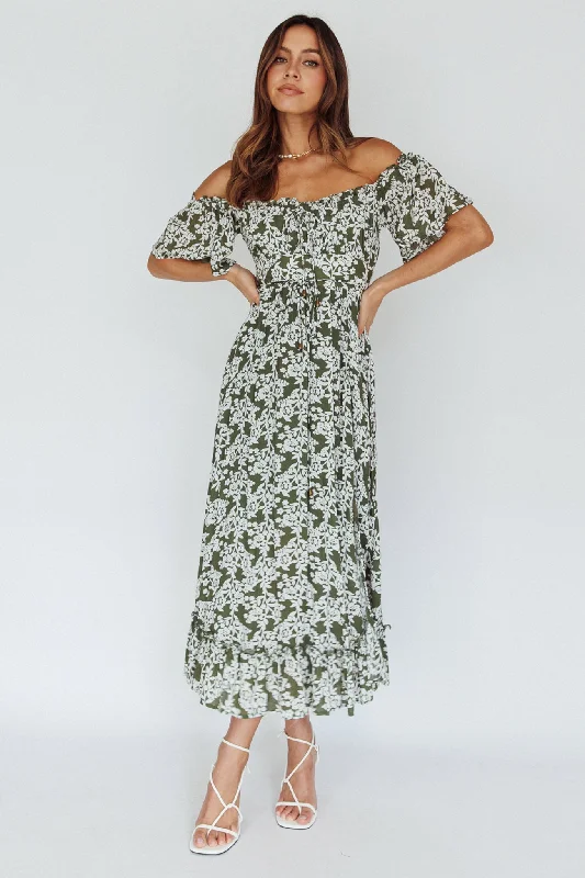 Strapless Women Dress with a Built - in Bra for Comfort and SupportVoyager Off-Shoulder Bell Sleeve Midi Dress Floral Green Strapless Women Dress with a Built - in Bra for Comfort and SupportVoyager Off-Shoulder Bell Sleeve Midi Dress Floral Green