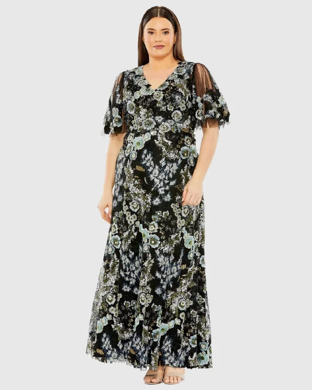 Sleeveless Women Dress in Bright Colors for Summer Parties Sleeveless Women Dress in Bright Colors for Summer Parties Sheer Sleeve V-Neck Floral Embroidered Gown