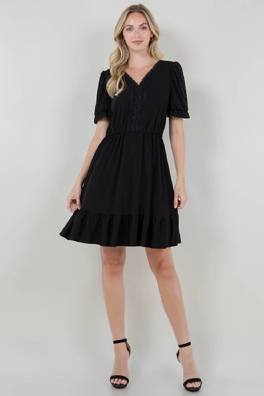 Wrap - Style Women Dress with Adjustable Fit for All Body Types Wrap - Style Women Dress with Adjustable Fit for All Body Types 3/4 SLV RUFFLE HEM ELASTIC WAIST DRESS WITH LACE NECKLINE - D3090-ITY TOP