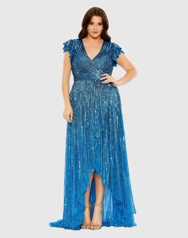 Mermaid - Style Women Dress with a Fitted Silhouette for Special Occasions Mermaid - Style Women Dress with a Fitted Silhouette for Special Occasions V-Neck Flutter Sleeve High-Low Gown (Plus)