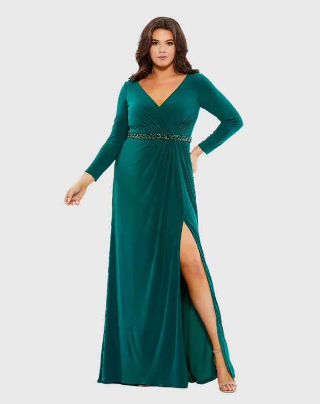 Sheath Women Dress with a Tailored Fit for a Professional Look Sheath Women Dress with a Tailored Fit for a Professional Look Beaded Belt Jersey Faux Wrap Long Sleeve Gown