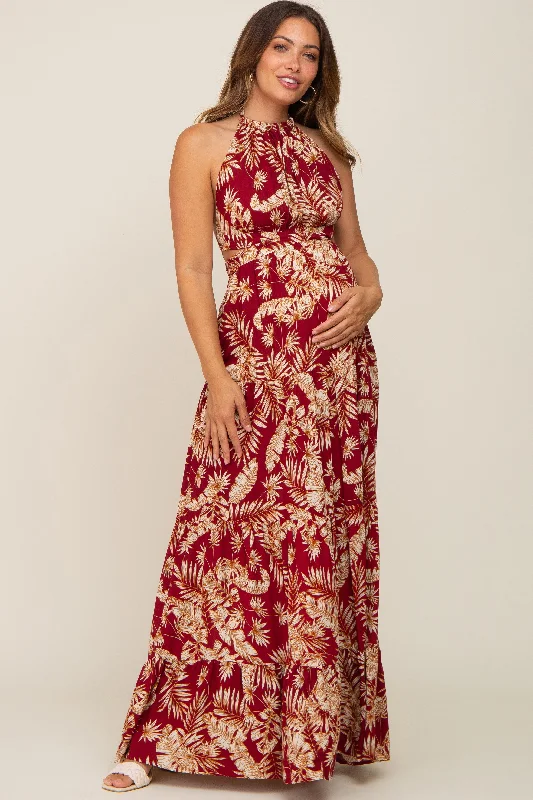 Pleated Women Dress with a Timeless and Elegant Texture Pleated Women Dress with a Timeless and Elegant Texture Burgundy Palm Open Back Halter Tiered Maternity Maxi Dress