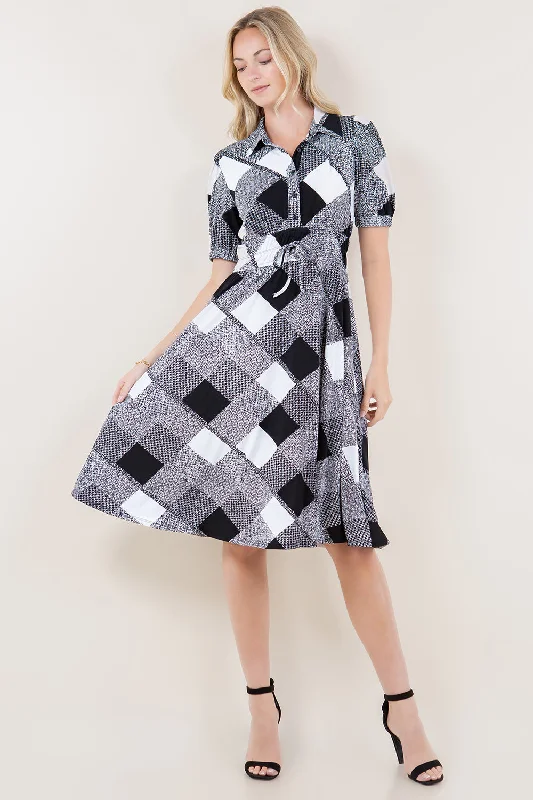 Sheath Women Dress with a Tailored Fit for a Professional Look Sheath Women Dress with a Tailored Fit for a Professional Look ELB PUFF SLVS ELASTIC WAIST DRESS - D3622-PLAID