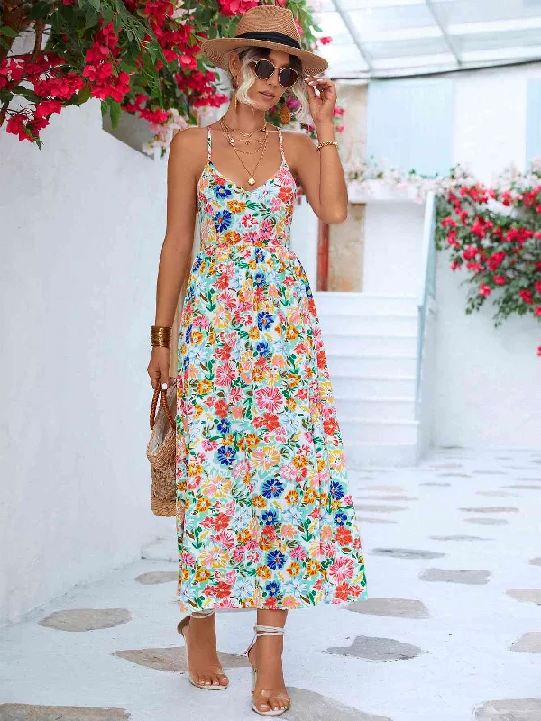 Maxi Women Dress with Floral Print for a Bohemian Vibe Maxi Women Dress with Floral Print for a Bohemian Vibe Floral Crisscross Backless Split Dress