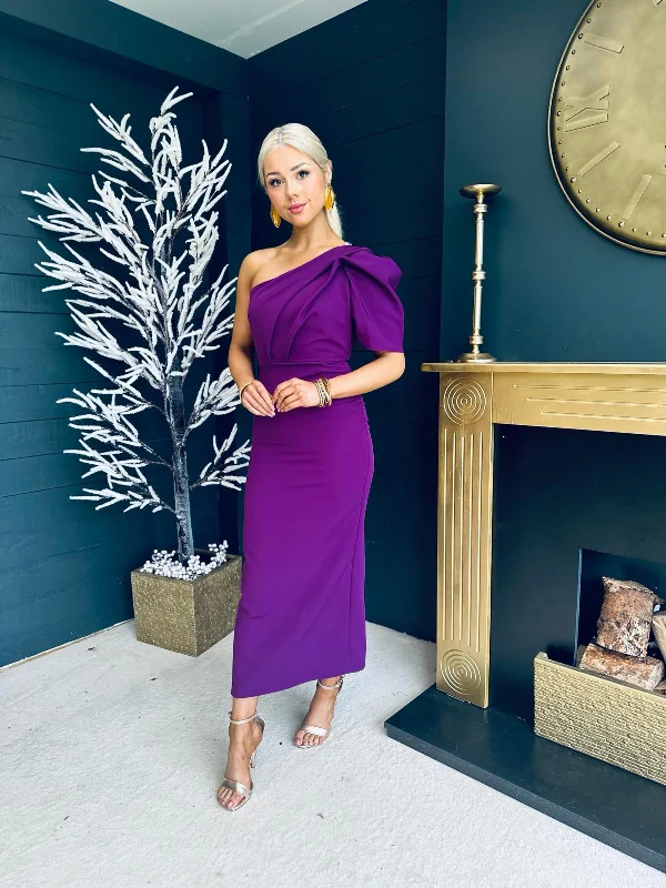 Ball Gown Women Dress with a Full Skirt for a Princess - like Look Ball Gown Women Dress with a Full Skirt for a Princess - like Look Rachel One Shoulder Occasion Midi Dress Berry