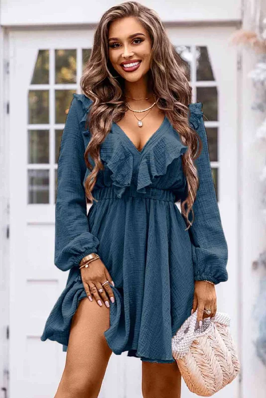 Long - Sleeve Women Dress in Velvet for a Luxurious Winter Look Long - Sleeve Women Dress in Velvet for a Luxurious Winter Look Ruffle Trim V-Neck Long Sleeve Mini Dress