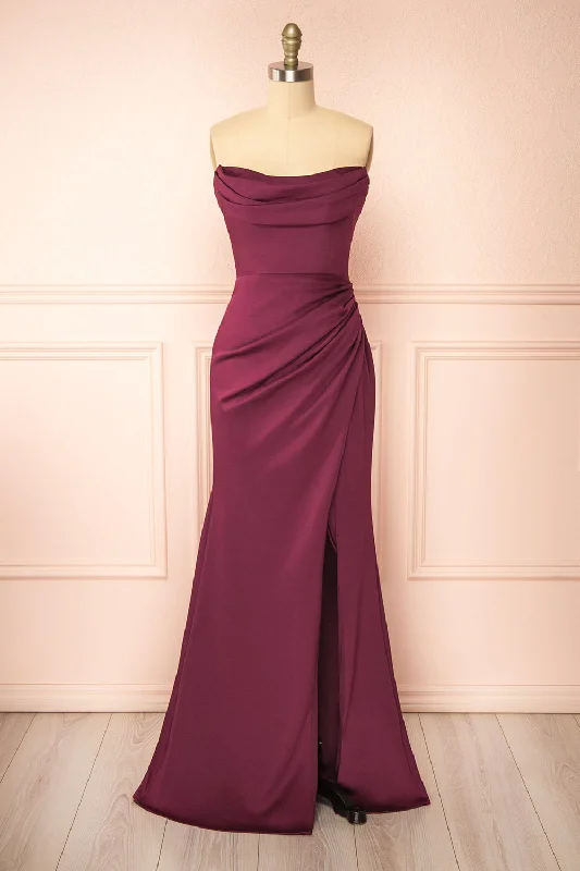 Midi dresses with satin - finish fabrics for a luxurious feelAilsa Burgundy | Strapless Gown w/ High Slit Midi dresses with satin - finish fabrics for a luxurious feelAilsa Burgundy | Strapless Gown w/ High Slit