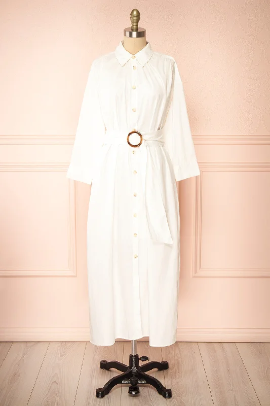A - line midi dresses with floral prints for spring brunchesAlanna | Long White Shirt Dress w/ Belt A - line midi dresses with floral prints for spring brunchesAlanna | Long White Shirt Dress w/ Belt