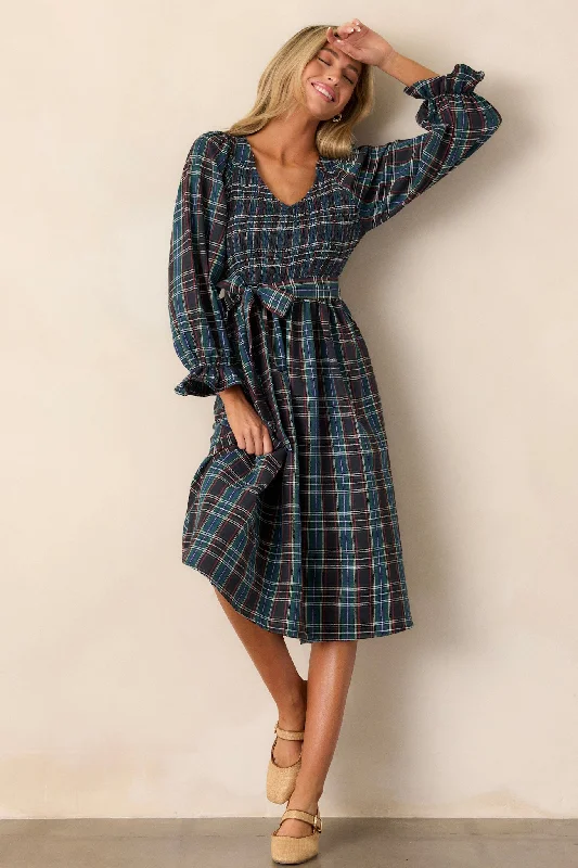 Midi dresses with ruched sleeves for a more fitted and stylish arm lookAll Spruced Up Black Multi Plaid Midi Dress Midi dresses with ruched sleeves for a more fitted and stylish arm lookAll Spruced Up Black Multi Plaid Midi Dress