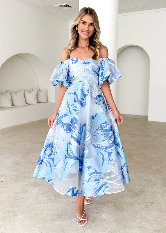 Midi dresses with abstract art prints for an artistic statementAnaya Off Shoulder Midi Dress - Sky Jacquard Midi dresses with abstract art prints for an artistic statementAnaya Off Shoulder Midi Dress - Sky Jacquard