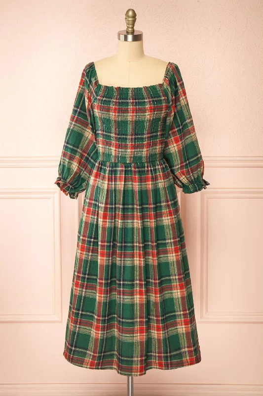 Wrap - style midi dresses in silk for a sophisticated office lookArellia Green | Plaid Flannel Midi Dress