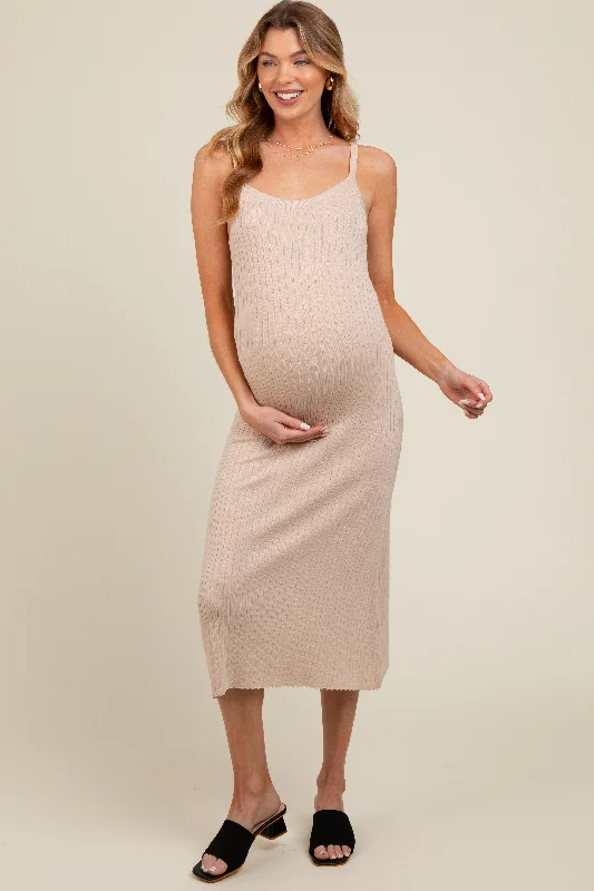 Midi dresses with ruffled sleeves for a more feminine and voluminous lookBeige Square Neck Ribbed Sleeveless Maternity Midi Dress Midi dresses with ruffled sleeves for a more feminine and voluminous lookBeige Square Neck Ribbed Sleeveless Maternity Midi Dress