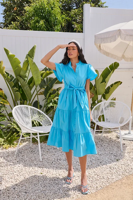 Midi dresses with animal prints for a bold and confident appearanceBellucci Poplin Button Front Tiered Midi Dress Midi dresses with animal prints for a bold and confident appearanceBellucci Poplin Button Front Tiered Midi Dress
