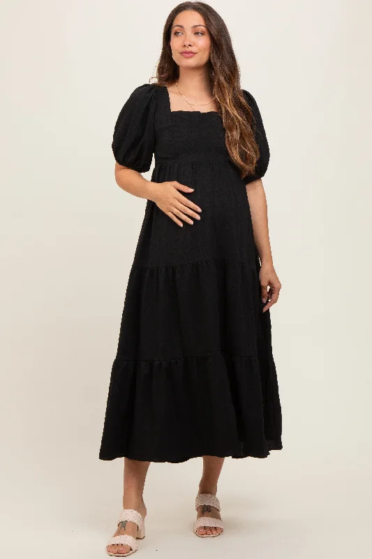 Midi dresses with cotton - blend materials for everyday comfortBlack Textured Maternity Tiered Midi Dress Midi dresses with cotton - blend materials for everyday comfortBlack Textured Maternity Tiered Midi Dress