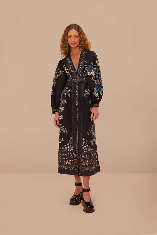 Midi dresses with ruched sleeves for a more fitted and stylish arm lookBlossom Tapestry Black Midi Dress