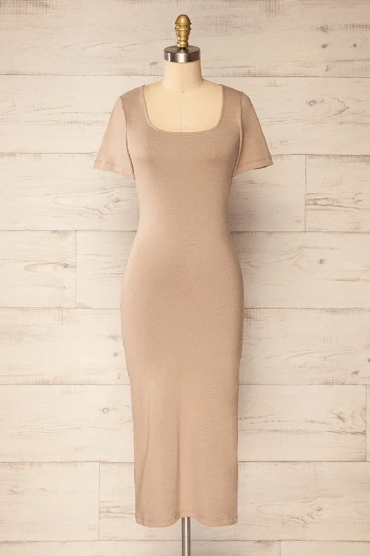 Plaid midi dresses for a fall - themed family gatheringBogota Taupe | Short Sleeve Midi Dress w/ Square Neckline Plaid midi dresses for a fall - themed family gatheringBogota Taupe | Short Sleeve Midi Dress w/ Square Neckline