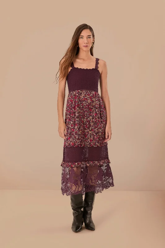 Velvet midi dresses in jewel tones for a glamorous winter eventPurple Chelsea Garden Embroidered Lace Midi Dress