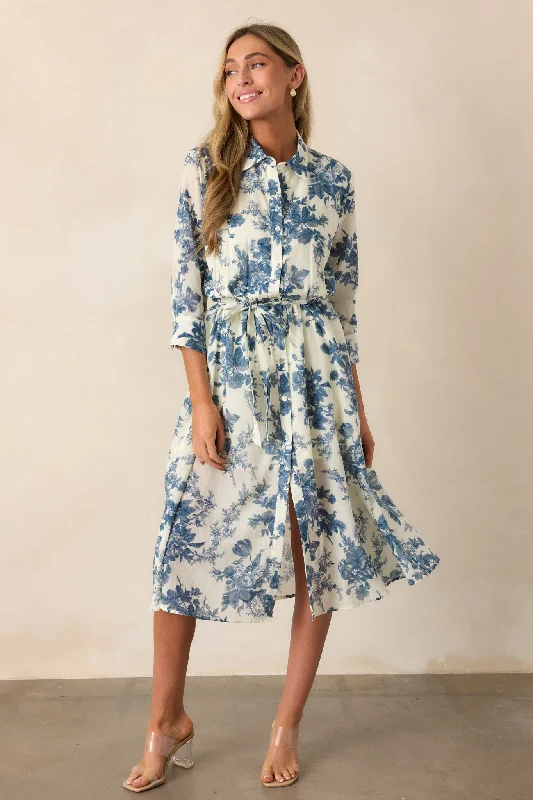 Midi dresses with cotton - blend materials for everyday comfortDancing Dewdrops 100% Cotton Blue Floral Midi Dress Midi dresses with cotton - blend materials for everyday comfortDancing Dewdrops 100% Cotton Blue Floral Midi Dress