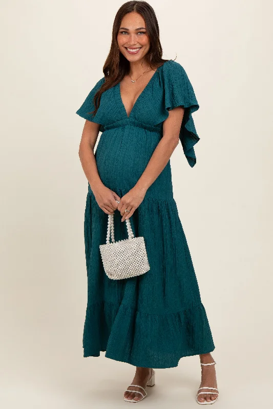 Midi dresses with one - shoulder designs for a modern and asymmetric styleEmerald Deep V-Neck Flutter Sleeve Tiered Maternity Midi Dress Midi dresses with one - shoulder designs for a modern and asymmetric styleEmerald Deep V-Neck Flutter Sleeve Tiered Maternity Midi Dress