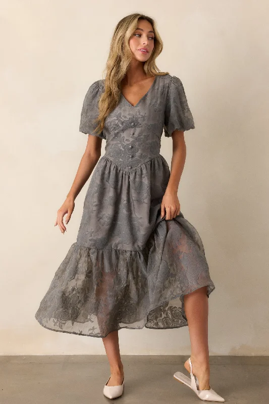 High - low midi dresses with geometric patterns for a modern partyFaded Blossoms Grey Floral Puff Sleeve Midi Dress High - low midi dresses with geometric patterns for a modern partyFaded Blossoms Grey Floral Puff Sleeve Midi Dress