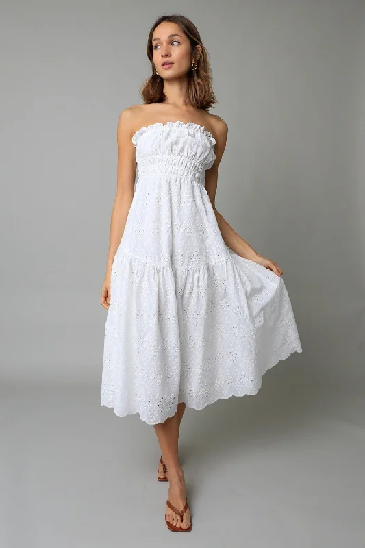 A - line midi dresses with floral prints for spring brunchesFrancesca White Eyelet Strapless Midi Dress A - line midi dresses with floral prints for spring brunchesFrancesca White Eyelet Strapless Midi Dress