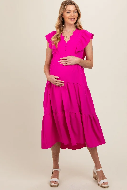 Midi dresses with printed lining for a hidden and stylish detailFuchsia Flutter Sleeve Tiered Maternity Midi Dress Midi dresses with printed lining for a hidden and stylish detailFuchsia Flutter Sleeve Tiered Maternity Midi Dress